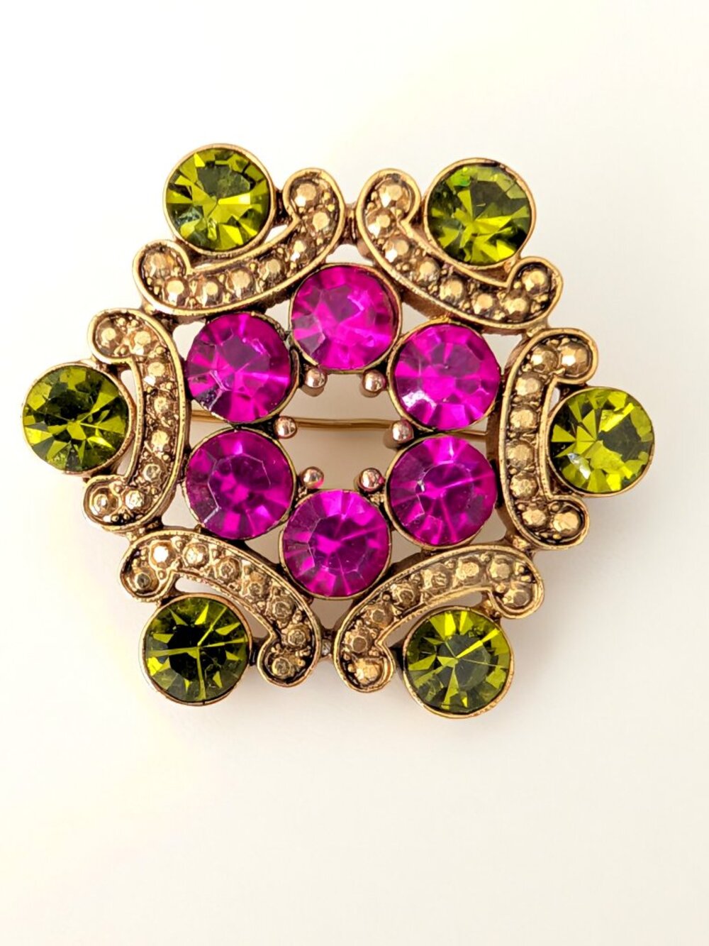 Gold tone with vibrant green and pink beads
